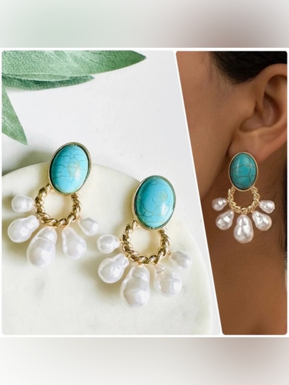 2/$30🌵 Faux Turquoise Irregular Faux Pearl Cluster Earrings Stud Gold Boho Gift